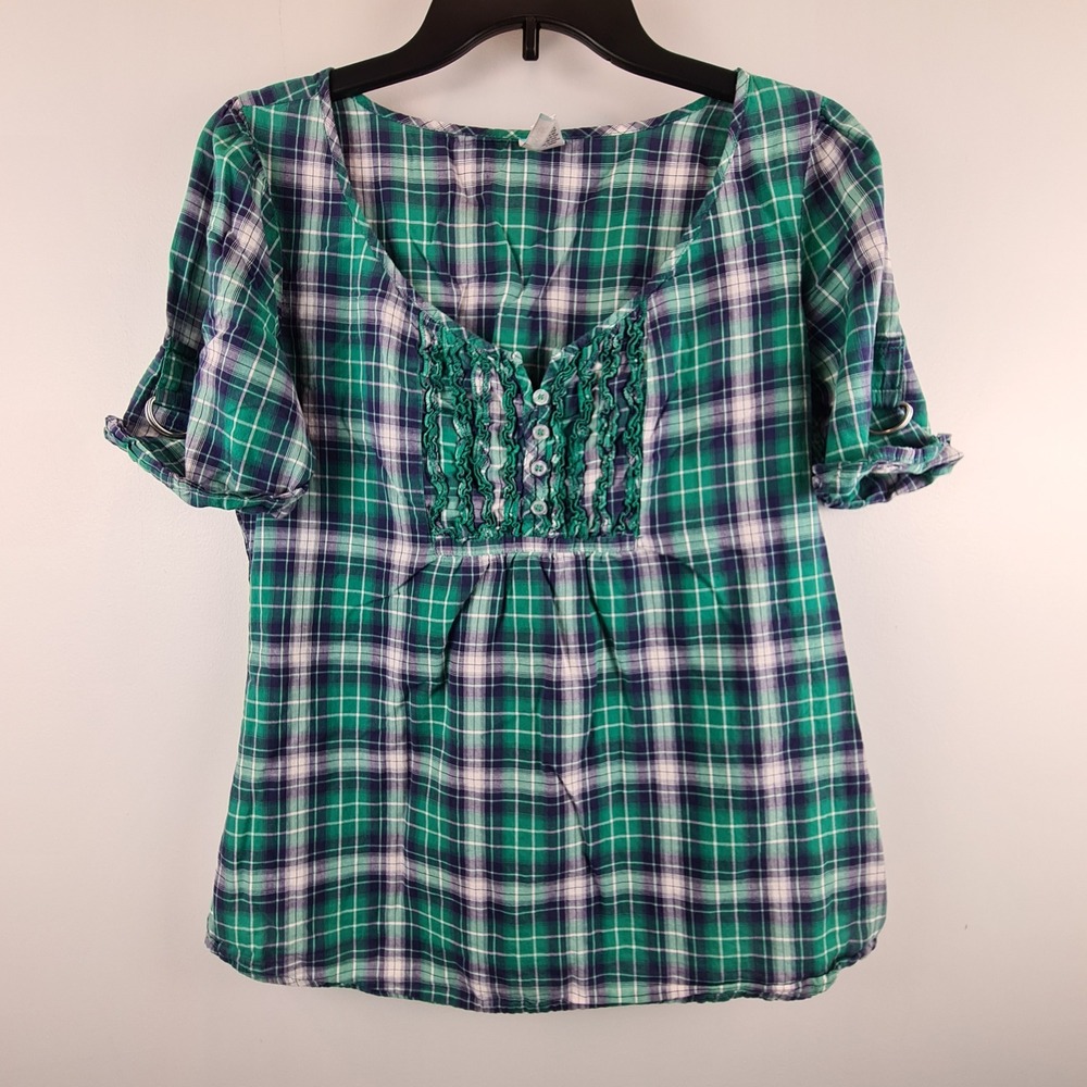 6 Degrees Womens Green Plaid Ruffle Front Puff Sleeve Cotton Blouse M Grunge Y2K